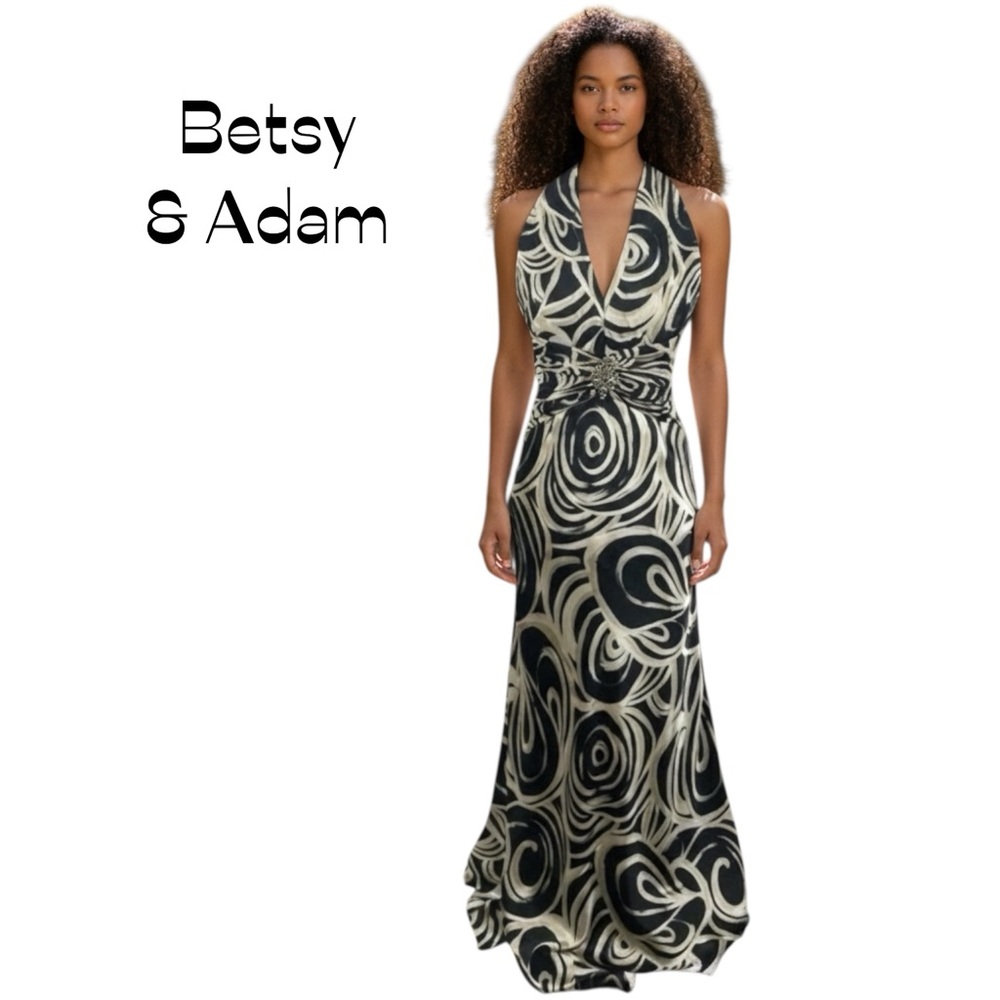 Betsy & Adam Black Cream Halter Maxi Dress Size 4